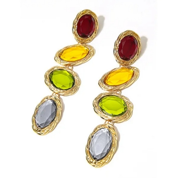 New Colorful Oval Gem Party Long-Drop Earrings - Picture 2 of 4